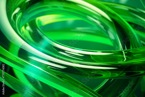 Abstract geometric green background with glass spiral tubes, flow clear fluid with dispersion and refraction effect, crystal composition of flexible twisted pipes, modern 3d wallpaper, design element