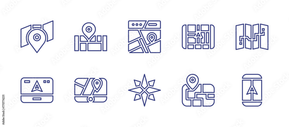 GPS line icon set. Editable stroke. Vector illustration. Containing gps, maps, wind rose, map.
