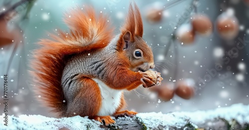 Red Orange Squirrel Savoring a Nut Amidst Snowy Setting © TOTO