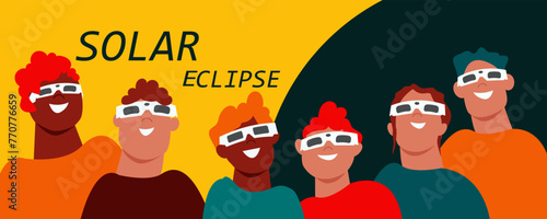 Solar eclipse. Group of joyful people with protective glasses looks at the solar eclipse. Poster template, web banner, or card.Vector illustration.