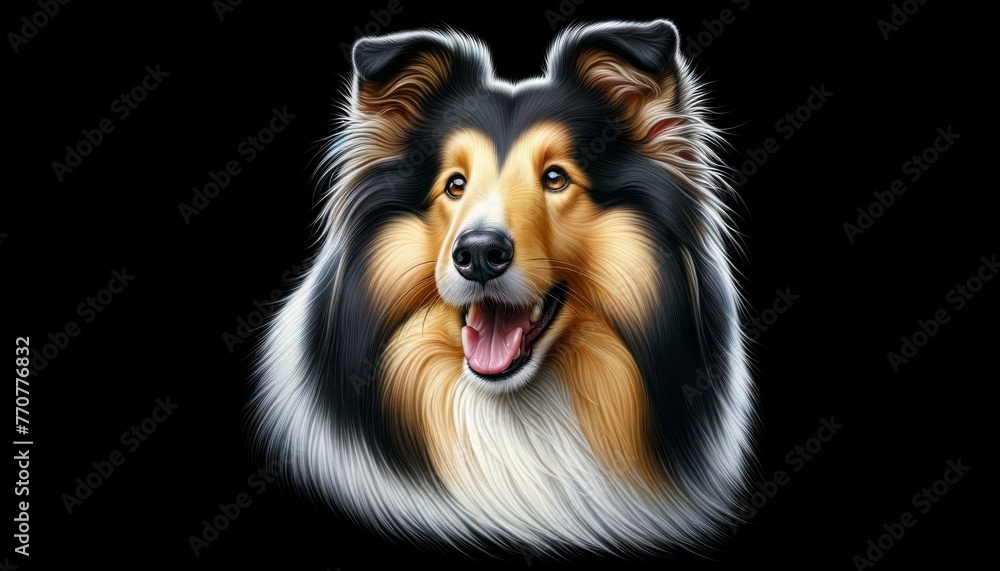 Fototapeta premium Isolated Collie Sheltie Dog Portrait. Smart Sheepdog Pet. Family Farm Companion Dog Realistic Illustration. Domestic Pet Animal Artwork. Home Dog Mascot Avatar.