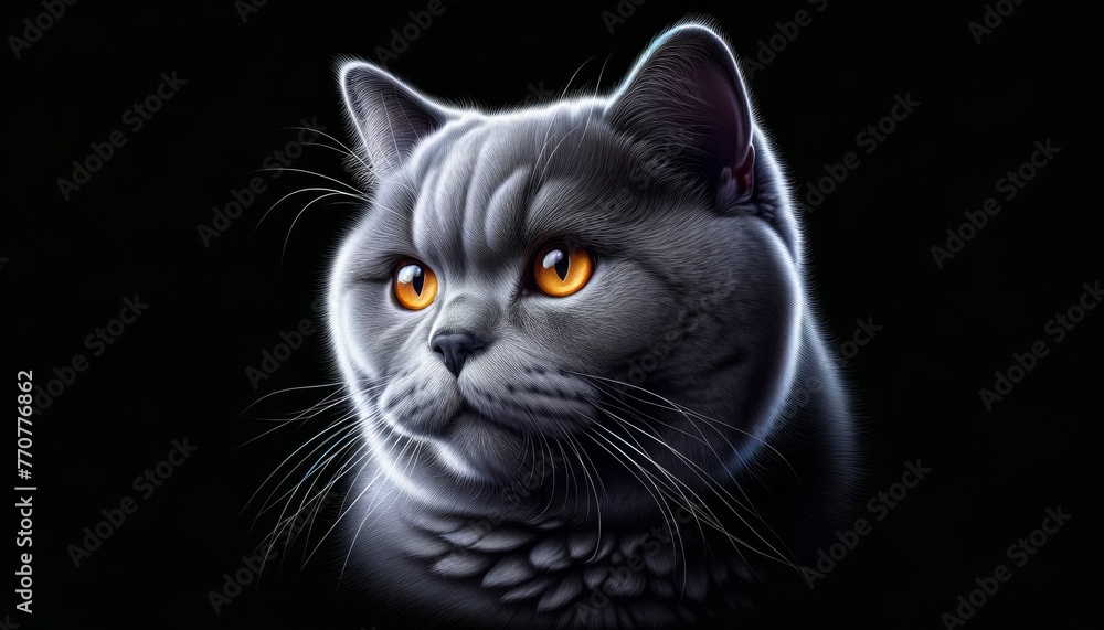 Majestic Feline Elegance: The Penetrating Gaze of a British Shorthair Against the Dark Void. A Symphony of Silver Fur and Intense Amber Eyes Captured in Exquisite Detail. Majestic Feline Elegance: The Penetrating Gaze of a British Shorthair Against the Dark Void. A Symphony of Silver Fur and Intense Amber Eyes Captured in Exquisite Detail.