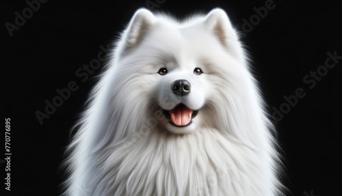 Dog Portrait Isolated on Black Background. Samoyed  Majestic Portrait Against a Striking Black Background. The Radiant Beauty of the Snowy Breed. Elegance and Joy Embodied in Fluffy White Fur. © Artificial Ambience