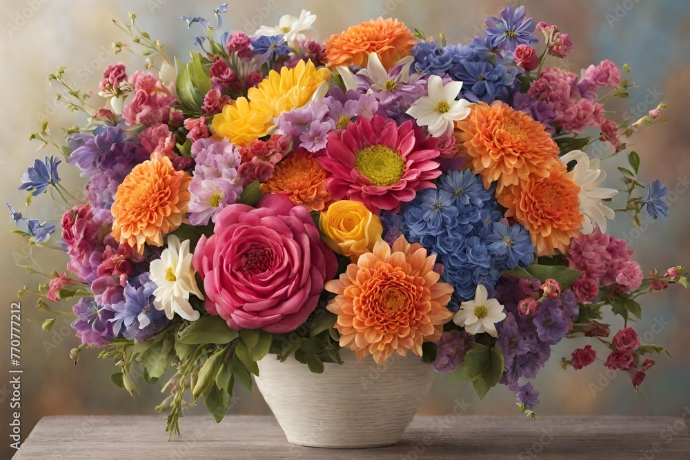 Create an enchanting image of a vibrant bouquet bursting with a variety of colorful blooms, each petal delicately detailed. - 38