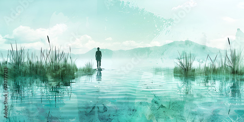  A boy stands in the water in front of a rive Background