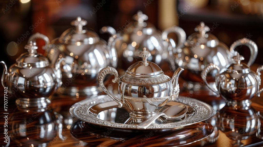 An elegant, silver tea set arranged on a reflective, mahogany table, exuding a sense of luxury and tradition