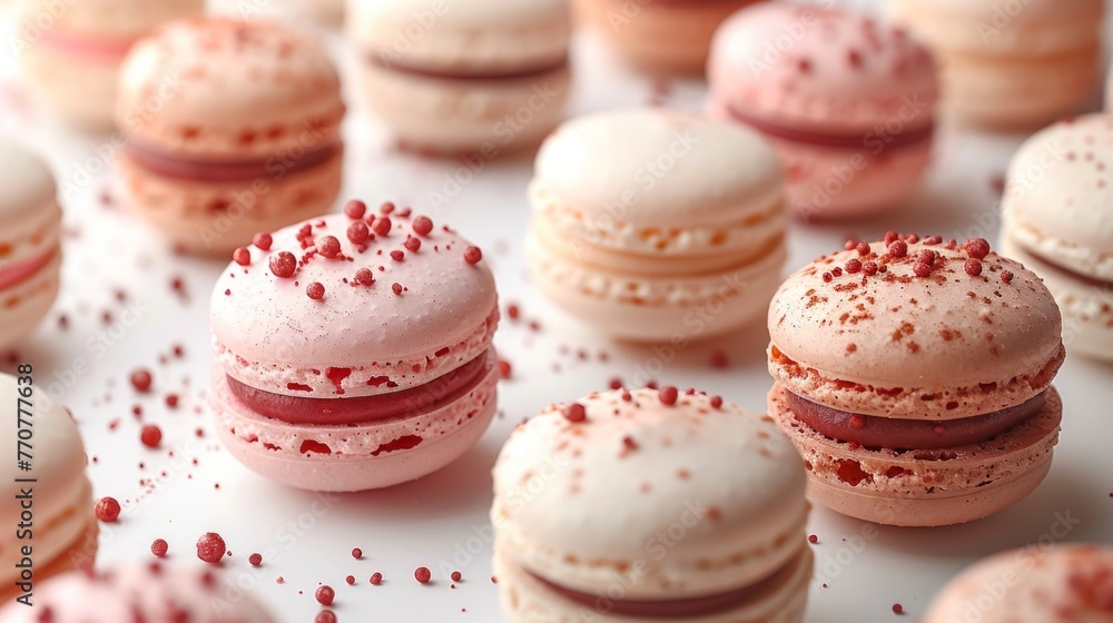 Minimalist close up composition of pink macarons on a white background table