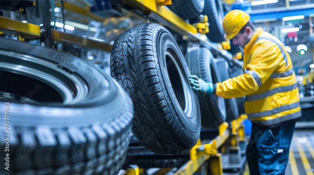 Fototapeta premium A man is inspecting a line of tires. The tires are black and are being made in a factory