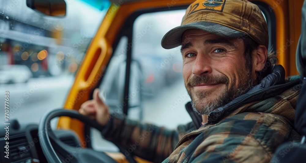 Happy experienced man truck driver with driving his truck.Professional transportation and truck delivery concept Happy experienced man truck driver with driving his truck.Professional transportation and truck delivery concept