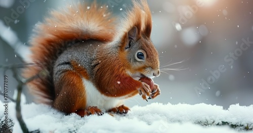 Cute Red Squirrel Enjoying a Nut in Winter Wonderland