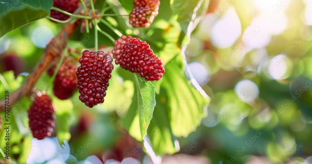 Vibrant Red Mulberries Adorning Tree Branch Vibrant Red Mulberries Adorning Tree Branch