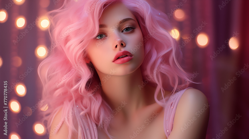 A perfect photo of a cute girl with subtle makeup highlighting her beautiful pink hair, against a colorful fantasy background A perfect photo of a cute girl with subtle makeup highlighting her beautiful pink hair, against a colorful fantasy background