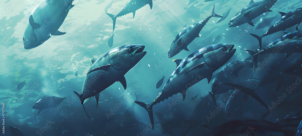 Obraz premium A serene underwater scene capturing numerous fish in their natural habitat, illuminated by light filtering from above. World Tuna Day. 
