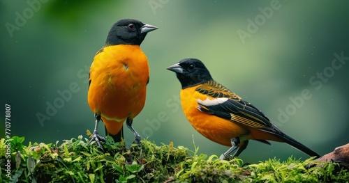 Orange Tropic Birds, Baltimore Orioles, Amidst Lush Forest photo