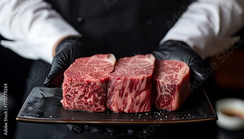 Obraz na płótnie Skilled butcher showcasing a prime, marbled Wagyu beef steak w salonie