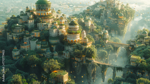 An artistic rendering of a utopian city where buildings are covered in greenery and the streets are bustling with people and wildlife with gold coins and cash flowing through waterways © JR-50