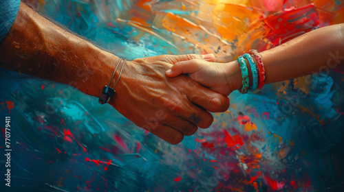Artistic rendering of a father and childs hands clasped together with matching wristbands