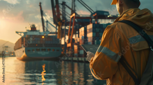 Close-up shot of a logistician using a tablet to remotely manage cargo operations with the bustling port and an innovative cargo ship in the background © JR-50