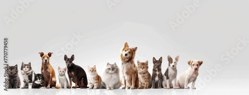a large group of cats and dogs sitting together against a pristine white background in a panoramic photograph, offering high-resolution rendering without shadows or text © lililia