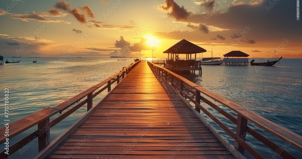 Fototapeta premium Wooded Bridge Connecting Ports at Dawn