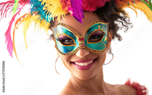 A Brazilian Woman's Masked Presence at the Vibrant Carnival Isolated On White Background. Generative Ai