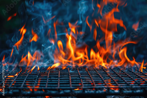 Empty Fired Barbecue On Black Background, Barbecue Grill With Fire Flames, Generative Ai