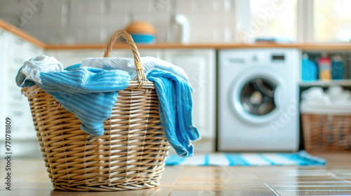 Basket with clothes in laundry room with washing machine on background, Generative Ai
