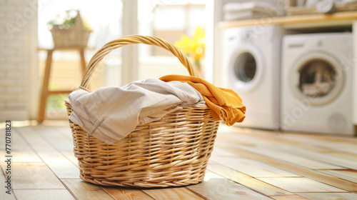 Basket with clothes in laundry room with washing machine on background, Generative Ai