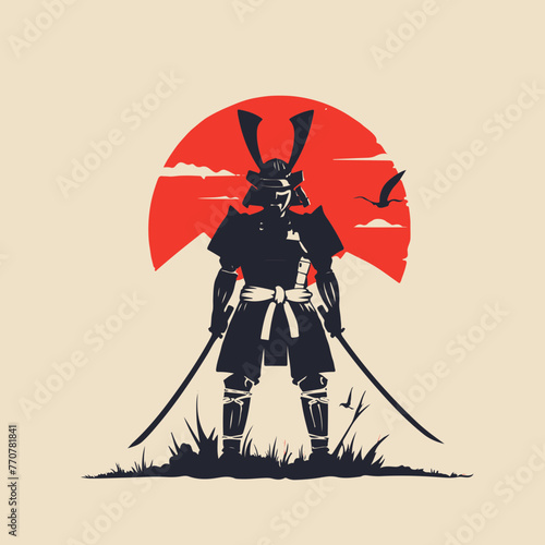 A samurai warrior stands in front of a red sun with two swords in his hands