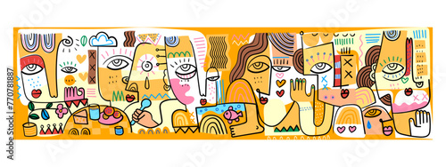 Face portrait abstraction geometric, shapes and doodle hand drawn vector wall art illustration. Creative graphic design minimalist silhouette cubism people.