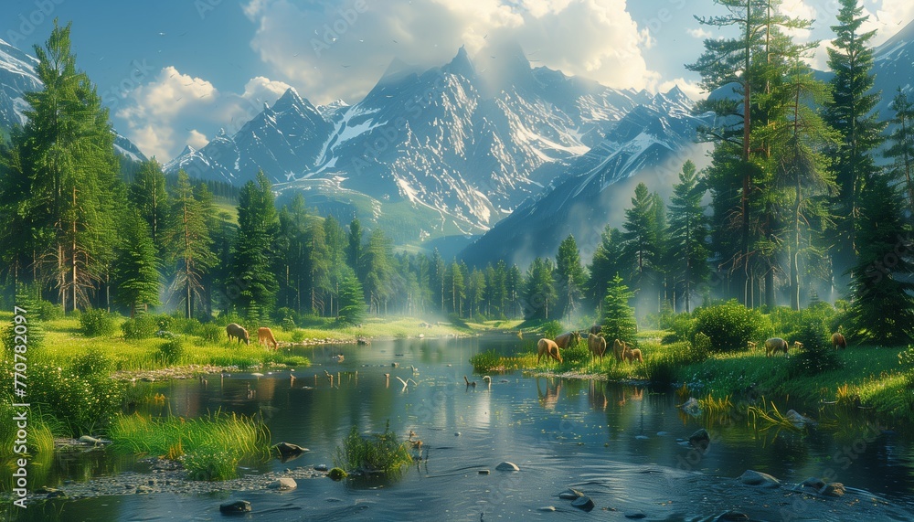 Pictures of mountain and river landscapes, wildlife drinking along the river. generative ai
