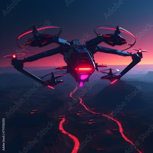 Retro Futuristic Drone Illuminated by Neon Lights in Sci-Fi Setting photo