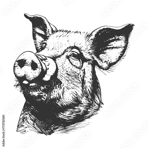 Hand-drawn vector monochrome illustration of a pig isolated.
