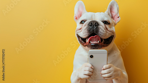 dog French Bulldog holding a cell phone with its paws on a plain yellow background simulating a studio photo photo