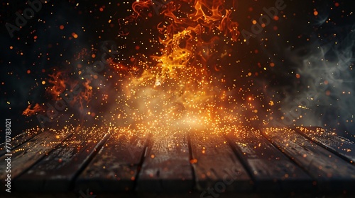 A mesmerizing display of fire Flames dancing on a wooden table, creating a captivating backdrop for product showcases
