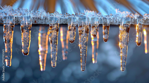 Detailed Close-up of Icicles Hanging from Roof Edge