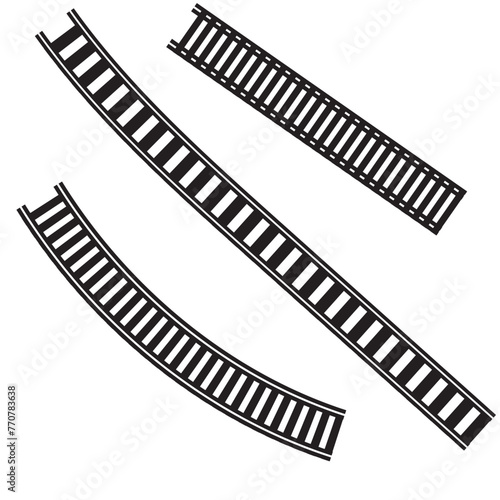 Vector illustration of curved railroad isolated on white background. Straight and curved railway train track icon set. Perspective view railroad train pathes.