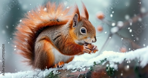 Adorable Squirrel Nibbling on a Nut in Snowy Scene