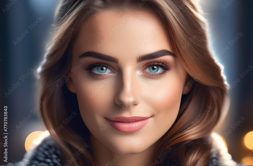 close-up of a beautiful woman. She smiles contentedly close-up of a beautiful woman. She smiles contentedly