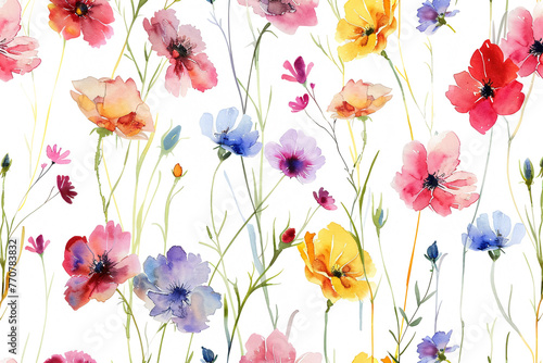 Seamless pattern  watercolor wildflowers  bright and airy on white  natural feel