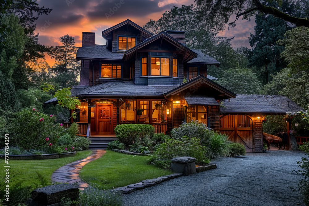 Twilight view of a Craftsman house with a nearby horse stable and a soft golden glow