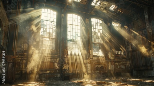 An old  abandoned factory interior  with beams of light filtering through broken windows  illuminating the dust particles in the air