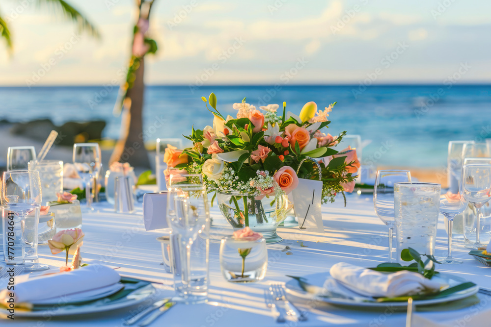 Fototapeta premium Decorated table reception at beach resort, Dinner, Wedding, Party, Honeymoon, Generative Ai