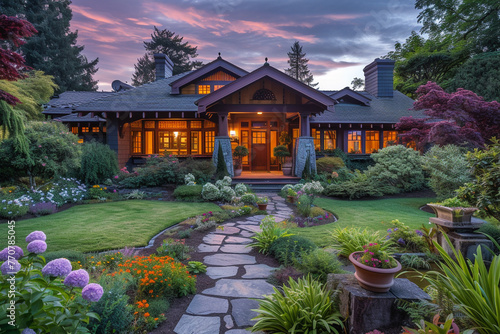 Twilight view of a Craftsman house with a colorful garden and pathway leading to the entrance photo