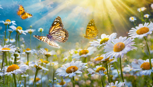 Farfalle che svolazzano su un campo di margherite illuminato dal sole in una calda giornata estiva, 
