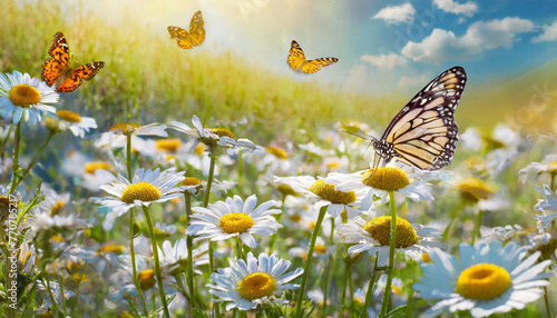Farfalle che svolazzano su un campo di margherite illuminato dal sole in una calda giornata estiva, 