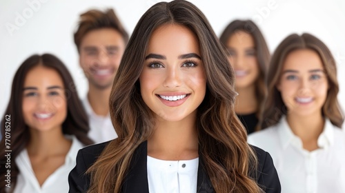 The businesswoman and her team radiated positivity as they smiled in the modern office room, bathed in the morning sunlight.