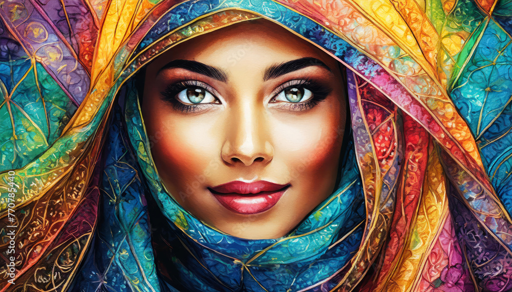 Rclose up di una splendida donna araba con un velo vivace e colorato e occhi accattivanti Rclose up di una splendida donna araba con un velo vivace e colorato e occhi accattivanti