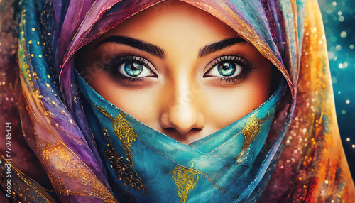 Rclose up  di una splendida donna araba con un velo vivace e colorato e occhi accattivanti photo