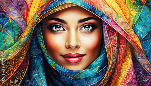 Rclose up  di una splendida donna araba con un velo vivace e colorato e occhi accattivanti photo